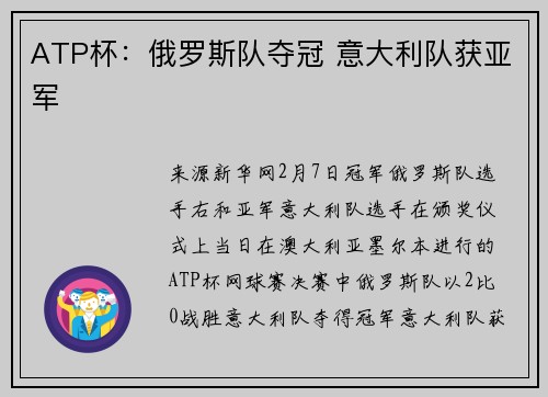 ATP杯:俄罗斯队夺冠 意大利队获亚军