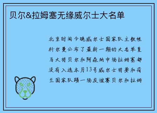 贝尔&拉姆塞无缘威尔士大名单